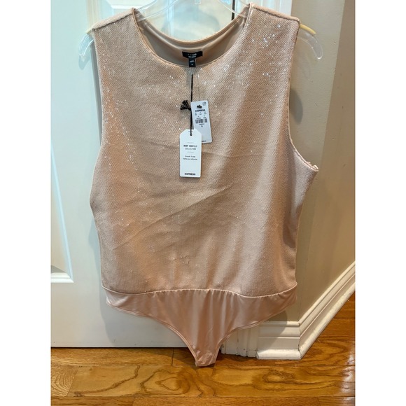Express Tops - New Express Body Contour Sequin beige Bodysuit Sleeveless Top Party XL